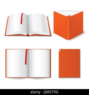 Libro di copertina rigida aperto decorativo chiuso e aperto a metà quattro pittogrammi 3d poster di composizione immagine vettoriale isolata Illustrazione Vettoriale