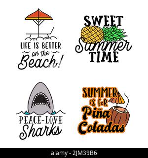 Badge estivi con diverse citazioni e frasi - l'estate è per Pina Coladas. Logo spiaggia retrò. Etichette e emblemi vintage per il surf. Vettore di stock Illustrazione Vettoriale