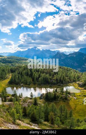 Vista aerea del lago di Mufule e del monte Disgrazia circondato da larici in estate. Valmalenco, Valtellina, Sondrio, Lombardia, Italia, Europa. Foto Stock