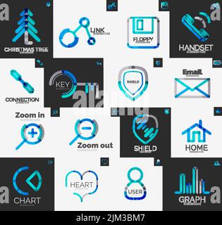 Collezione astratta di logo aziendale - logotipi aziendali di 16 linee, set di icone web universali Illustrazione Vettoriale