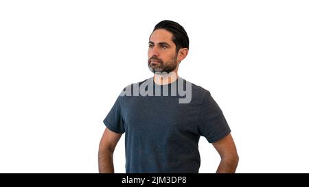 Ritratto di bell'uomo che pensa provare a risolvere il problema posa su sfondo isolato. Bell'uomo caucasico Foto Stock