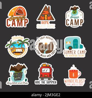 Set di logo vettoriali tematici per campi estivi su sfondo nero Illustrazione Vettoriale