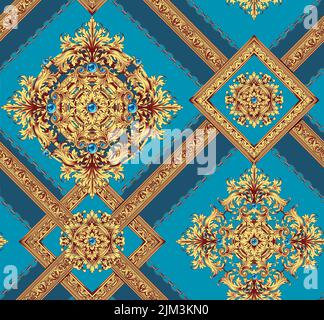 Un bel paterno blu orientale senza cuciture con ornamento d'oro Foto Stock