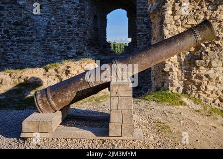 Le rovine del castello medievale di Koknese e un vecchio cannone, Koknese, Lettonia Foto Stock