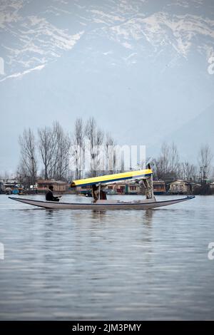 Ritratto di un marinaio indiano Kashmiri Shikara sul lago dal. Le mani potrebbero essere sfocate a causa del movimento. Foto Stock