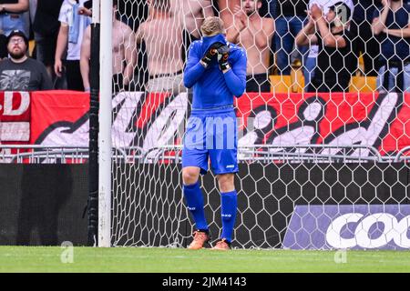 Il portiere di Anversa Jean Butez sembra essere sconsolato durante la partita tra la squadra di calcio belga Royal Antwerp FC RAFC e la squadra norvegese Lillestrom SK, giovedì 04 agosto 2022, a Kjeller, in Norvegia, la prima tappa del terzo turno di qualificazione della competizione della UEFA Conference League. BELGA PHOTO LAURIE DIEFFEMBACQ Foto Stock