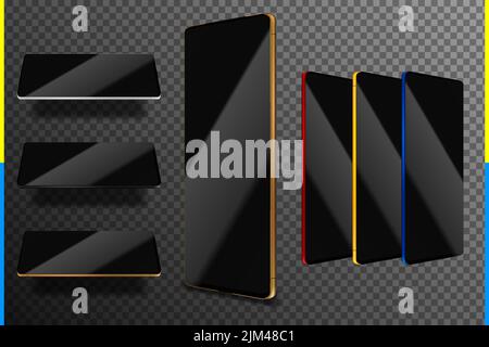 Smartphone su sfondo trasparente. Colori diversi gadget realistico isolato con ombra. Elemento promo del disegno vettoriale. Illustrazione Vettoriale