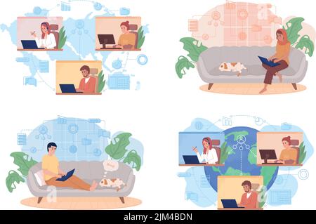 Set di illustrazioni isolato vettoriale di lavoro online 2D Illustrazione Vettoriale