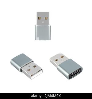 Adattatore USB di tipo C, in tre proiezioni, isolato su sfondo bianco Foto Stock