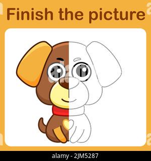 Collegare il punto e completare l'immagine. Semplice libro da colorare di cane. Gioco di disegno per bambini Illustrazione Vettoriale
