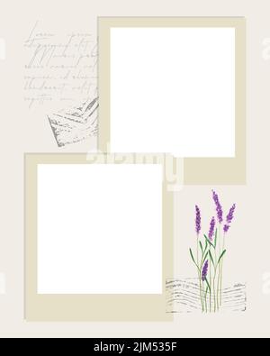 Fotobook Collage cornice merletto watercolor lavanda testo timbro. Illustrazione vettoriale Illustrazione Vettoriale