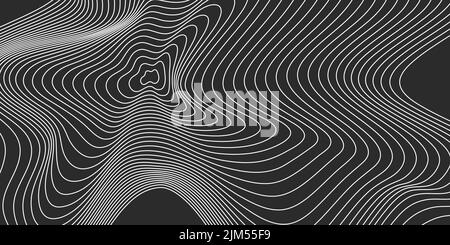 Illusione ottica, motivo ondulato. Forma d'onda, sfondo astratto geometrico, pattern irregolare, texture dinamica monocromatica. Illustrazione vettoriale Illustrazione Vettoriale