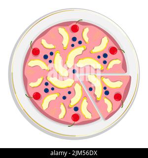 Torta di biscotti sul piatto, torta fragrante con fette di pera, ciliegie e mirtilli. Esotico dessert vista dall'alto. Vettore cartoon isolato su backgro bianco Illustrazione Vettoriale
