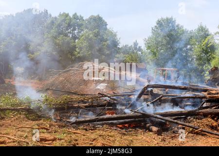 Una foresta viene sradicata e bruciata come parte del processo di sviluppo della terra per la costruzione Foto Stock