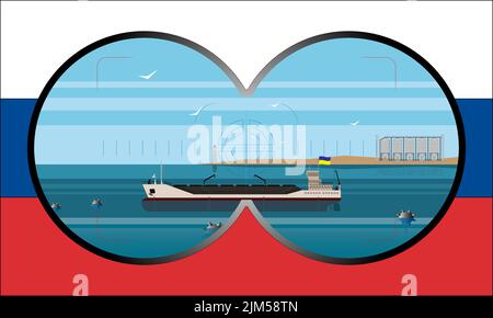 Illustrazione di un portarinfuse ucraino con grano bloccato dalle miniere nel Mar Nero. Ammira il binocolo sullo sfondo della bandiera russa. Illustrazione Vettoriale