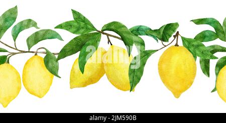 Acquerello disegnato a mano bordo senza giunture con limoni di agrumi gialli. Brillante estate vacanza vintage cornice, frutta gustosa sana succosa matura Foto Stock