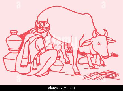 Un'illustrazione di un coltivatore mungendo una caw su uno sfondo rosa Illustrazione Vettoriale