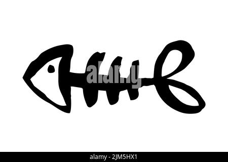 Scheletro di ossa di pesce dipinto a mano con pennellata di inchiostro, isolato su sfondo bianco. Illustrazione del vettore grunge Illustrazione Vettoriale