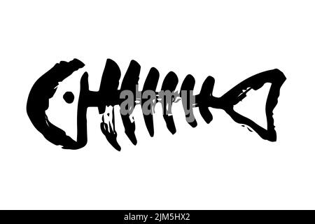 Scheletro di ossa di pesce dipinto a mano con pennellata di inchiostro, isolato su sfondo bianco. Illustrazione del vettore grunge Illustrazione Vettoriale