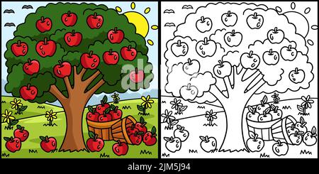 Apple Tree Coloring pagina Illustrazione colorata Illustrazione Vettoriale