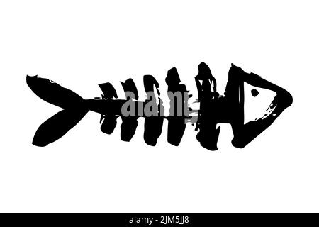 Scheletro di ossa di pesce dipinto a mano con pennellata di inchiostro, isolato su sfondo bianco. Illustrazione del vettore grunge Illustrazione Vettoriale