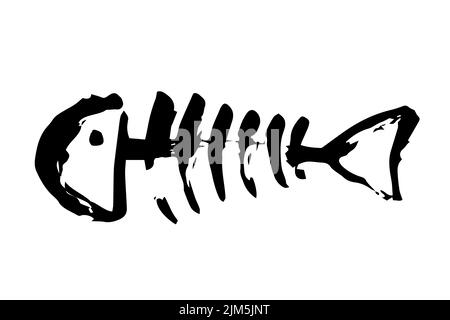 Scheletro di ossa di pesce dipinto a mano con pennellata di inchiostro, isolato su sfondo bianco. Illustrazione del vettore grunge Illustrazione Vettoriale