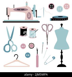 Set retrò per cucire e sartoria vettoriale. Illustrazione con la macchina da cucire d'epoca e gli strumenti per la lavorazione artigianale. Illustrazione Vettoriale