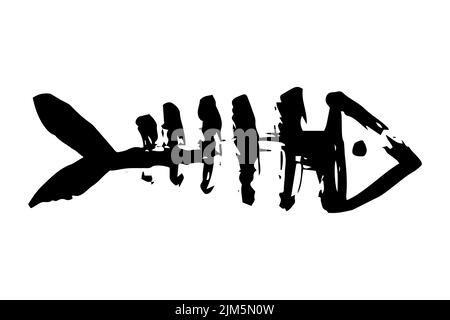 Scheletro di ossa di pesce dipinto a mano con pennellata di inchiostro, isolato su sfondo bianco. Illustrazione del vettore grunge Illustrazione Vettoriale
