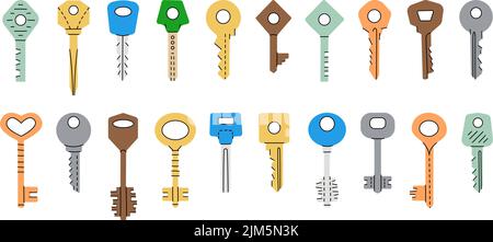 Set di silhouette di tasti della casa. Diversi tipi di chiavi di casa colorate disegnate a mano. Chiave della porta vintage colorata Illustrazione Vettoriale