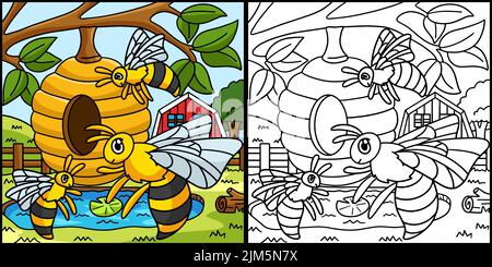 Bee Coloring pagina Illustrazione colorata Illustrazione Vettoriale