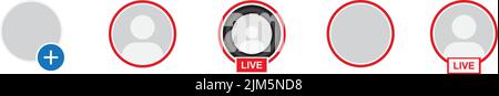 Un'illustrazione vettoriale delle storie di Instagram e del set di icone live streaming Illustrazione Vettoriale