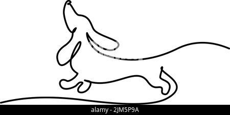 Logo della silhouette Dachshund con design da running per cani. Disegno continuo su una linea. Illustrazione vettoriale in stile minimalismo disegnata a mano Illustrazione Vettoriale