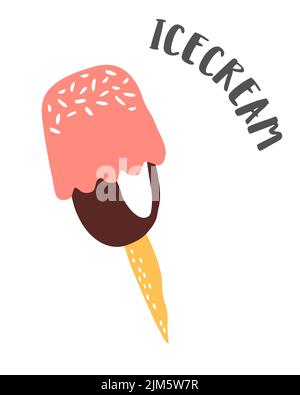 Gelato in un cono di cialda disegno dipinto a mano con inchiostro pennello isolato su sfondo bianco. Illustrazione vettoriale Illustrazione Vettoriale