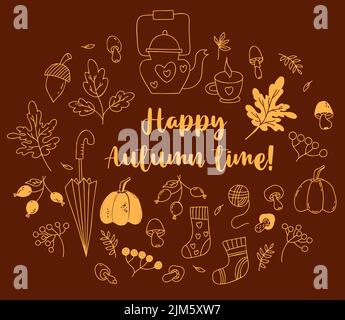 Felice autunno tempo stabilito. Teiera con coppa, ghiande e funghi, foglie d'autunno e ombrello, calzini a maglia e zucca, bacche con fianchi di rose. Vettore Illustrazione Vettoriale