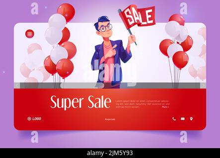 Super vendita cartoon web banner. Uomo che punta sulla bandiera che annuncia la promozione di sconto nel deposito. Promoter personaggio maschile invito per lo shopping o grande evento di apertura con palloncini d'aria, illustrazione Vector Illustrazione Vettoriale