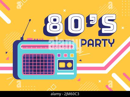 80s Party Cartoon background Illustration with retro Music, 1980 radio Cassette Player and disco in Old Style Design Illustrazione Vettoriale