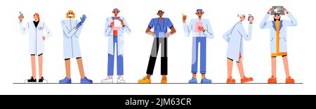 Set di caratteri piatti per medici e infermieri. Operatori sanitari professionisti pronti ad aiutare il paziente, esaminando l'immagine radiografica, prescrivendo medicinali, tenendo in mano la siringa di vaccinazione. Personale medico-sanitario Illustrazione Vettoriale