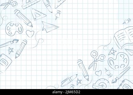 vettore di fondo blu chiaro con forniture scolastiche pennello tavolozza disegnato a mano Illustrazione Vettoriale