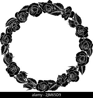 Roses Woodcut Vintage Style Flower Circle Wreath Illustrazione Vettoriale