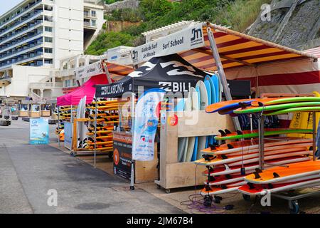 BIARRITZ, FRANCIA -18 AGO 2021- Vista delle tavole da surf sulla spiaggia nella località turistica di Biarritz nel Paese Basco, Francia, conosciuta per il suo surf e w Foto Stock