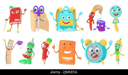 Set di personaggi per mascotte scolastiche. Illustrazione vettoriale degli elementi didattici. Divertente cartone animato bambini forniture per lo studio con sorriso felice isolato su bianco backgr Illustrazione Vettoriale