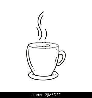 Tazza con bevanda calda, illustrazione di un doodle nero isolato su sfondo bianco. Tazza con disco isolato vettore disegnato a mano. Tè al caffè o cacao Illustrazione Vettoriale