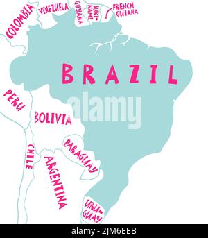 Mappa stilizzata vettoriale disegnata a mano del Brasile e dei paesi vicini. Elemento mappa Sud America. Repubblica Federativa del Brasile illustrazione di viaggio Illustrazione Vettoriale