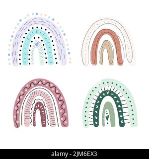 Set di arcobaleno colorato boho disegnato a mano. Forme organiche scandinave. Per decorazione domestica, acquazzone del bambino, stanza dei bambini, compleanno. Illustrazione vettoriale, Fla Illustrazione Vettoriale