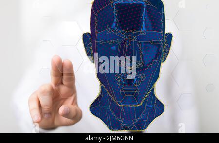 Un rendering 3d di un cervello umano futuristico e di una mano maschile su uno sfondo sfocato Foto Stock