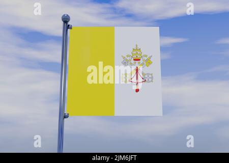 Un'illustrazione del 3D della bandiera della Santa sede (Stato della Città del Vaticano) con un'asta della bandiera cromata con ganci a scatto in un cielo blu Foto Stock
