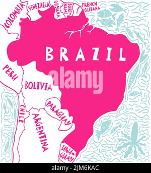 Mappa stilizzata vettoriale disegnata a mano del Brasile e dei paesi vicini. Elemento mappa Sud America. Repubblica Federativa del Brasile illustrazione di viaggio Illustrazione Vettoriale