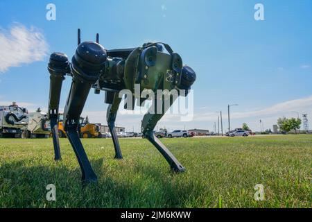 I membri del team 5th dell'Ingegnere civile Squadron Chemical, Biological, Radiological and Nuclear (CBRN) si allenano sulla nuova Vision 60 "Robot Dog" della Minot Air Force base, North Dakota, 14 giugno 2022. Il Robot Dog è usato per sostituire i combattenti, i lavoratori e i cani da lavoro militari in determinate situazioni per mantenere al sicuro i nostri Airmen. (STATI UNITI Air Force foto di Airman Alysa Knott) Foto Stock