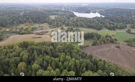 An aerial view of forest landscape and a little lake Foto Stock