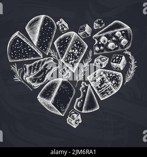 Formaggio cuore vintage design. brie, formaggio gouda, roquefort, ecc. Illustrazione Vettoriale